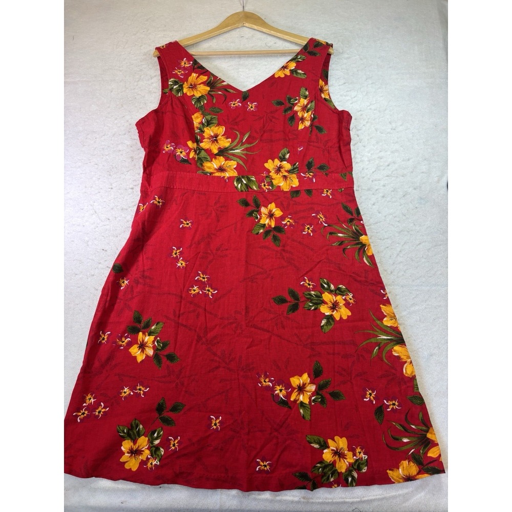 ERIKA Linen Blend Sleeveless Dress Sz XL Red Hawaiian Floral Resort Vacation